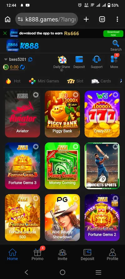 K888 Game dashboard interface showing game categories, account options, promotional banners, and gaming features.