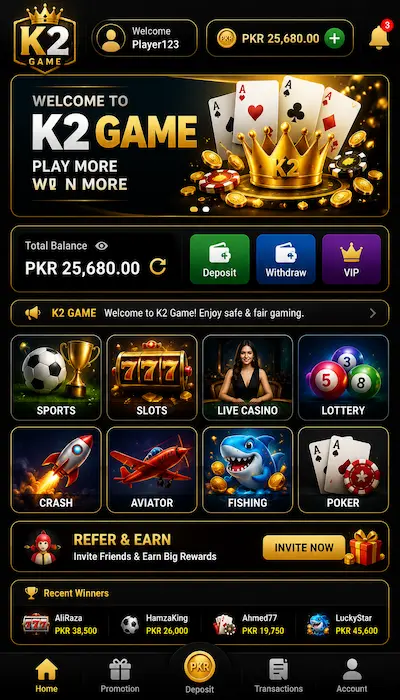 K2 Game dashboard showing mobile gaming interface