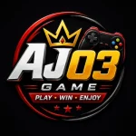 AJ03 Game logo with gold and silver AJ03 text, crown, gaming controller, and red-black design