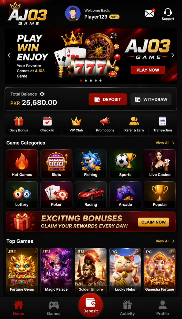 AJ03 Game dashboard interface with game categories, account menu, and mobile gaming features