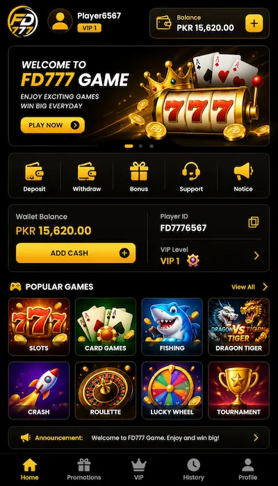 FD777 Game dashboard showing the mobile app home screen with wallet balance, popular games, deposit, withdrawal, and bonus options.