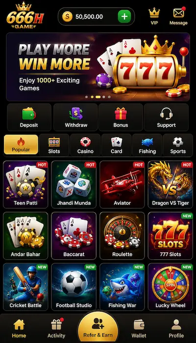 666H Game app dashboard with games and navigation menu