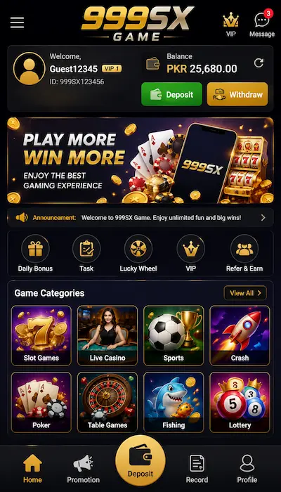999SX Game dashboard showing gaming categories, account section, deposit and withdraw buttons